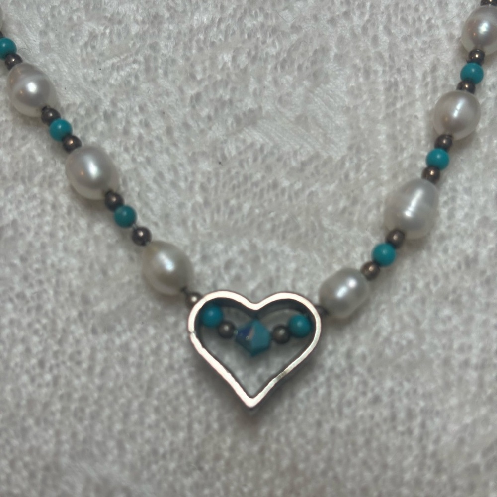 Turquoise, pearl, and silver bead 17” necklace